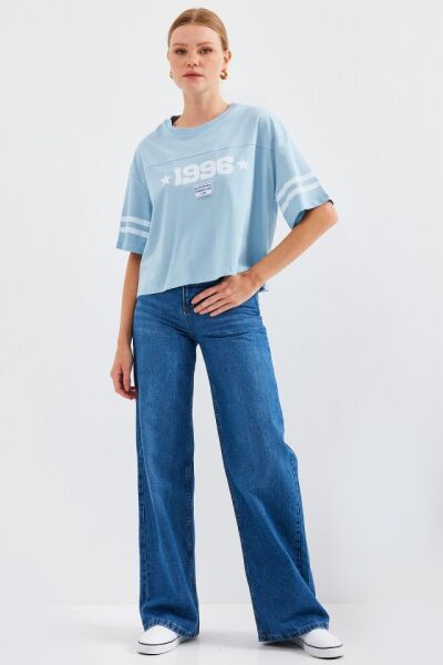 4322 Baskılı Oversize Basic Tişört - Mavi
