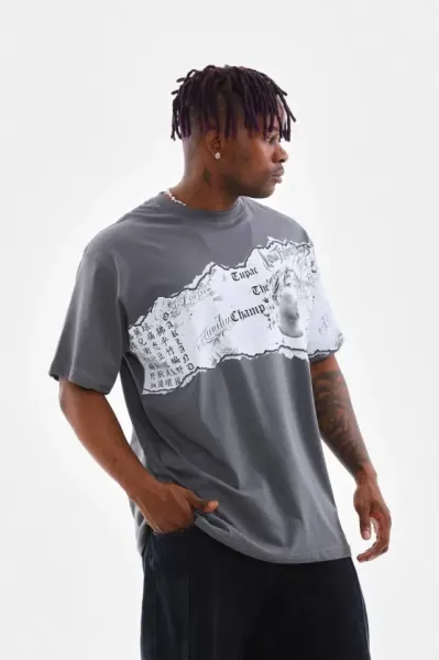 Unisex Bisiklet Yaka Baskılı Oversize T-Shirt - Gri