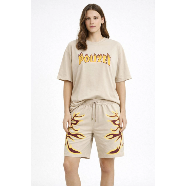Kadın Bej Oversize Baskılı Tişört Şort Takım Cepli Şort Yazlık Rahat Günlük Kombin - Bej