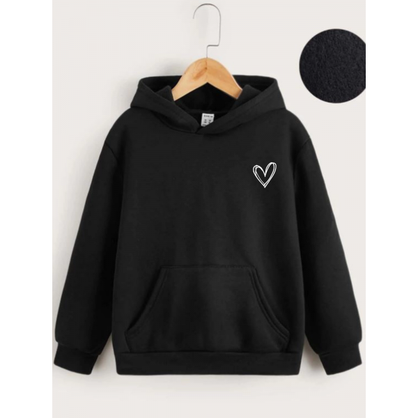 Çocuk   Kapüşonlu Çizgi Kalp Baskılı Sweatshirt - Siyah