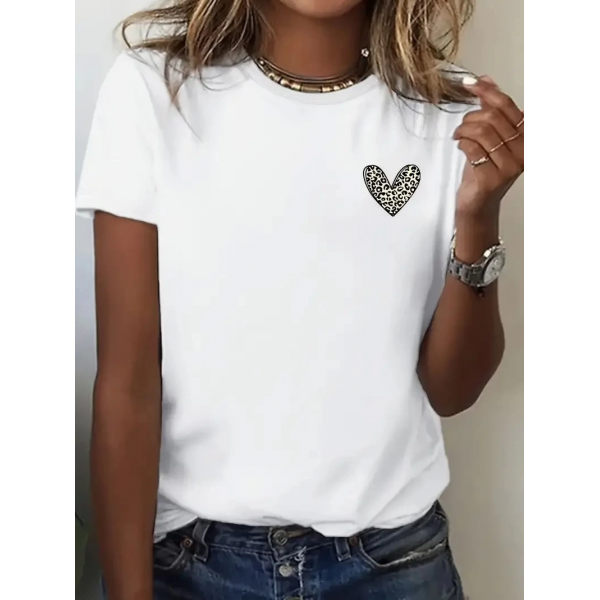 lar için Şık Leopar Kalp Baskılı Günlük Tişört  Beyaz -