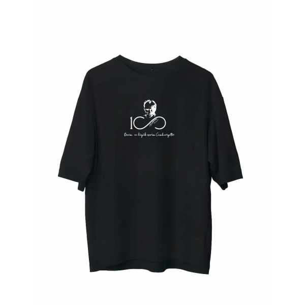 Bisiklet Yaka Baskılı Oversize T-Shirt - Siyah -