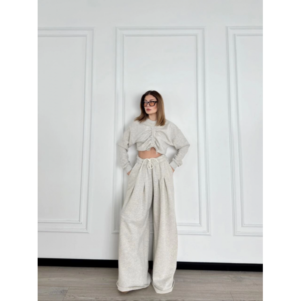 Uzun Kollu Önü İp Büzgülü Crop ve Pantolon İkili Takım - Gri -