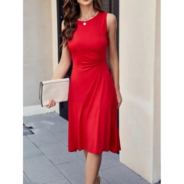 Kadın Sıfır Kol Bisiklet Yaka Bel Büzgü Detay Viskon Elbise