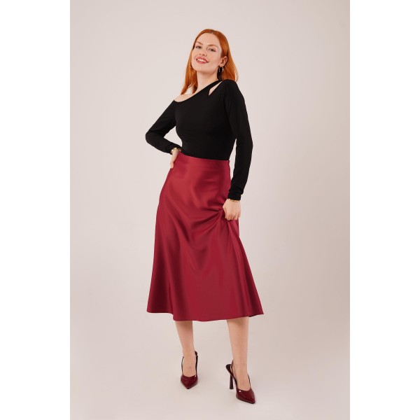 Çan Kesim Midi Bordo Saten Etek