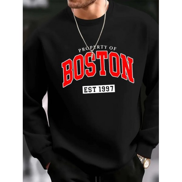 Erkek Uzun Kollu Bisiklet Yaka Boston Yazılı Iki Iplik Sweat