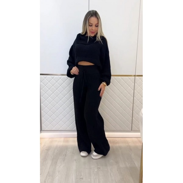 Kadın Uzun Kollu Balıkçı Yaka Kısa Triko Bluz Ve Pantolon Ikili Takım