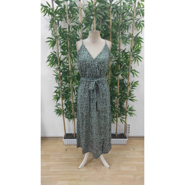 Kadın Ip Askılı Kruvaze Yakalı Yırtmaçlı Uzun Desenli Kuşaklı Süprem Elbise