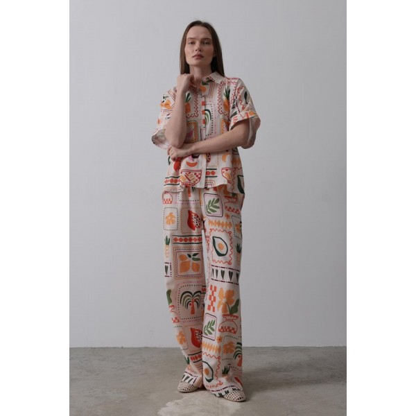 Baskılı Kısa Kol Pantolon Takım - Taş-Oranj