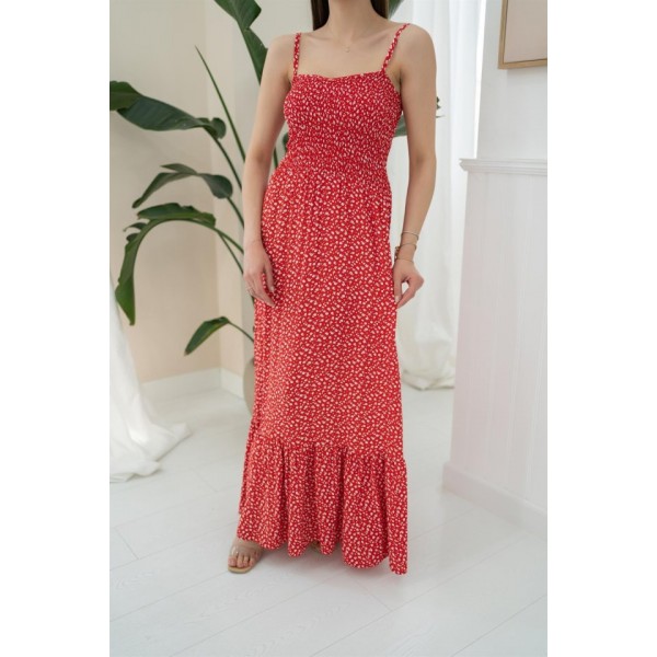 Kırmızı Eteği Fırfırlı Elbise