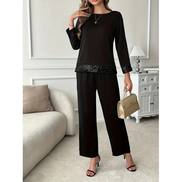 Kadın Uzun Kollu Bisiklet Yaka Pulpayetli Viskon Iki Iplik Bluz Ve Pantolon Ikili Takım