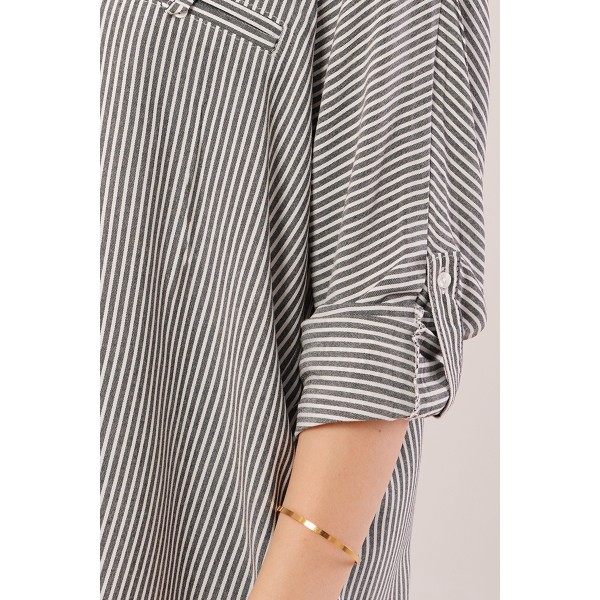 Cep Detay Çizgili Oversize Gri Gömlek