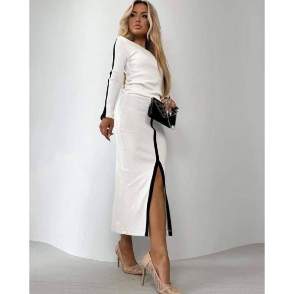 Kadın Uzun Kollu Bisiklet Yaka Kaşkorse Bluz Ve Yırtmaçlı Etek Ikili Takım