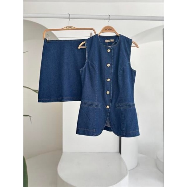 Kolsuz Yelekli Mini Etekli Denim Takım 10164
