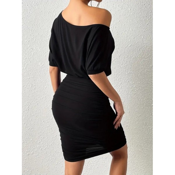 Kadın Tek Omuzu Açık Büzgülü Kısa Sandy Elbise