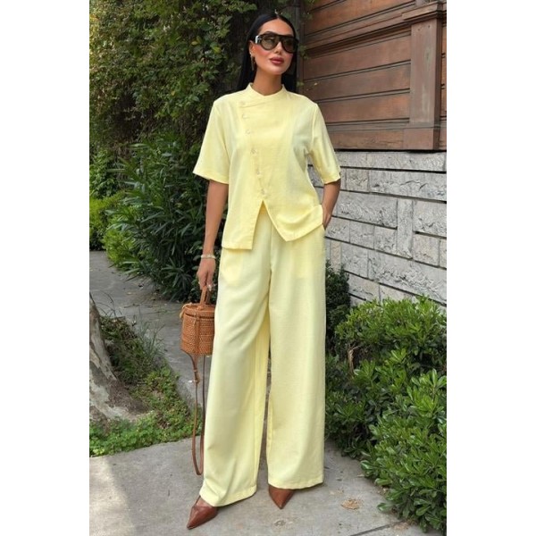 Hakim Yaka Çapraz Düğmeli Plazzo Pantolon Viscon Keten Takım 10209