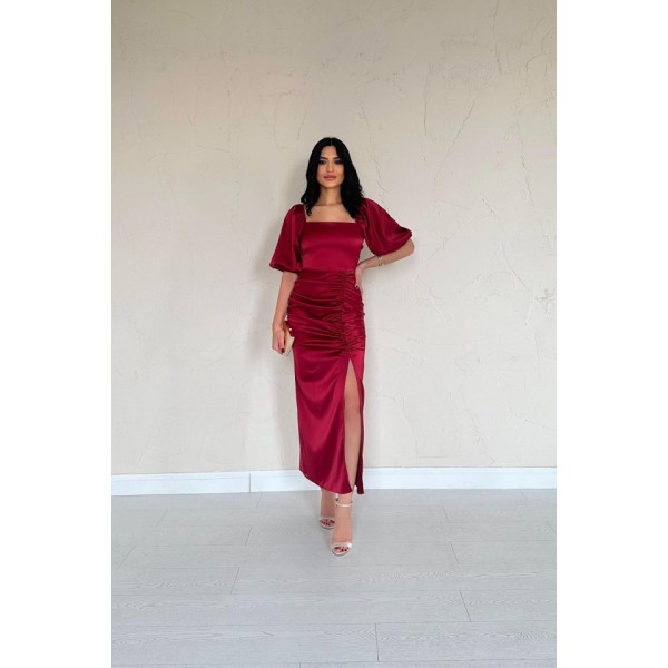 Bordo Büzgülü Saten Elbise