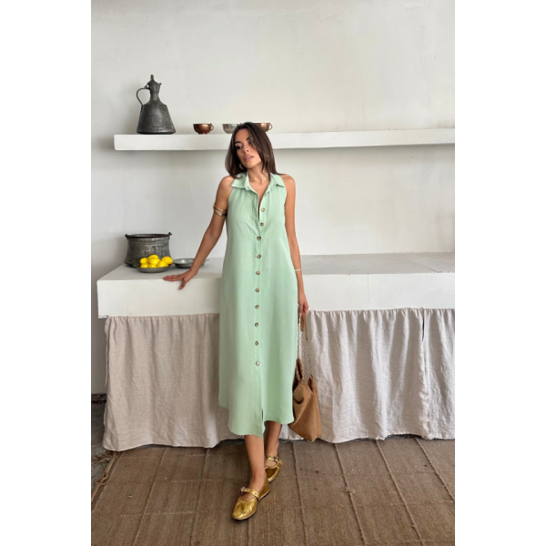KETEN ÖNDEN DÜĞMELİ KOLSUZ GÖMLEK YAKA ELBİSE - Mint