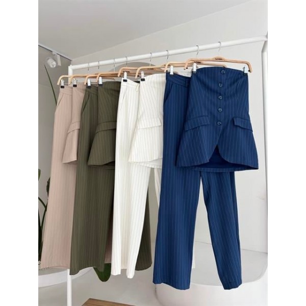 Straplez Büstiyerli Plazzo Pantolonlu Çizgili Takım 10151