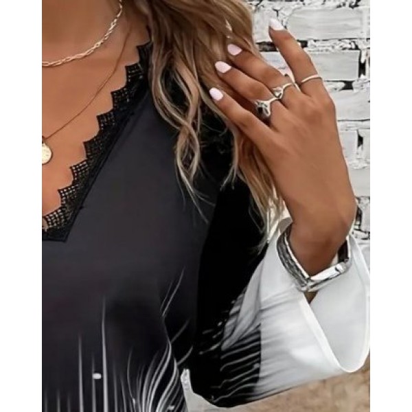 Kadın Uzun Kollu V Dantel Yaka Desenli Modal Bluz