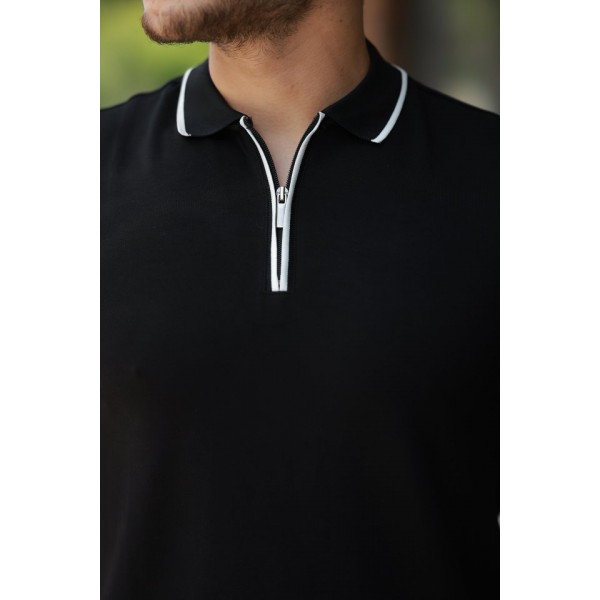 Erkek Fermuar Yakalı çizgi Detaylıkısa Kollu Tişört