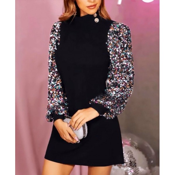 Kadın Uzun Kollu Balıkçı Yaka Düğme Detay Renkli Pul Payet Kol Scuba Krep Elbise