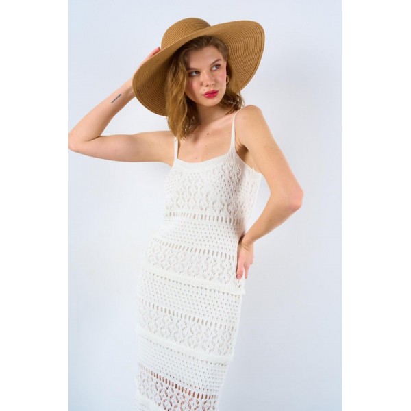 Ajurlu Astarlı Elbise - Ekru