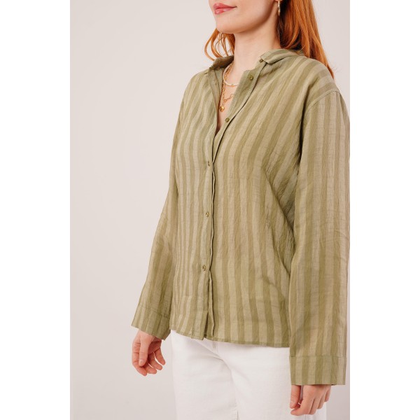 Düğmeli Ve Çizgi Detaylı Yeşil Gömlek