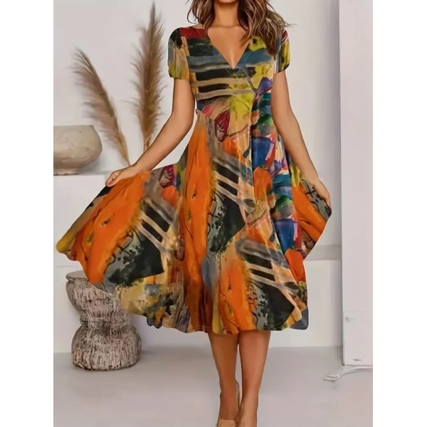 Kadın Kısa Kollu V Yaka Renkli Karışık Desen Kloş Süprem Midi Elbise