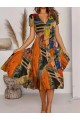Kadın Kısa Kollu V Yaka Renkli Karışık Desen Kloş Süprem Midi Elbise