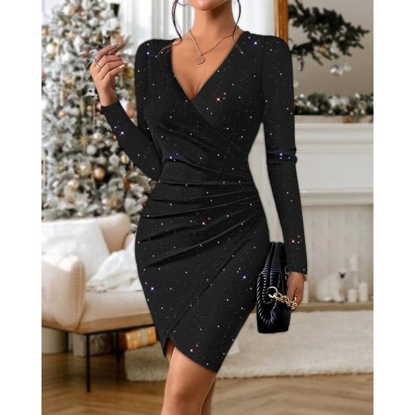 Kadın Uzun Kollu Kruvaze Yakalı ışıltılı Mini Ithal Krep Elbise