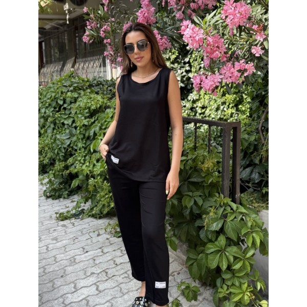 Kadın Askılı Yuvarlak Yaka Viskon Iki Iplik Bluz Ve Eşofman Altı Ikili Takım