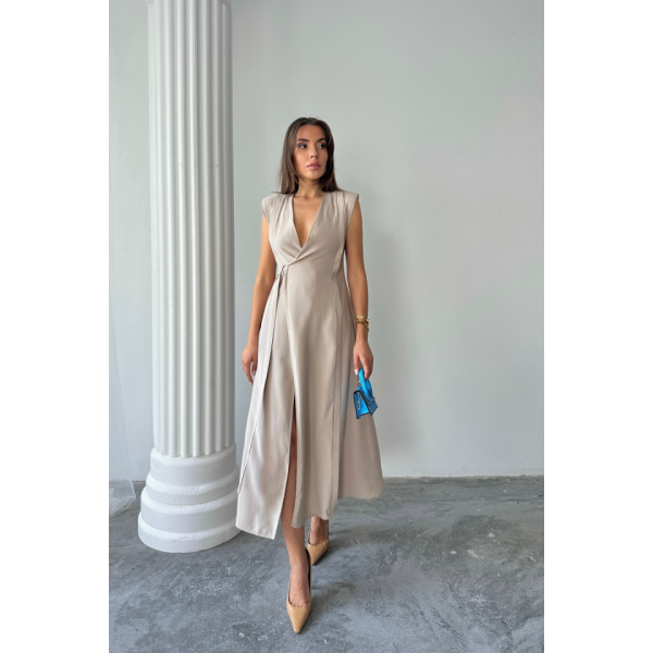 KRUVAZE VATKALI KOLSUZ ELBİSE MODAL KUMAŞ - Bej