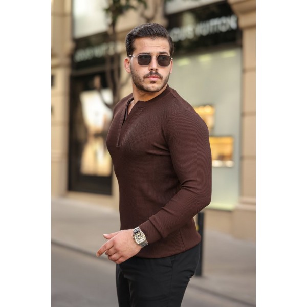 Erkek Fermuarlı Bisiklet Yaka Dokulu Uzun Kollu Triko