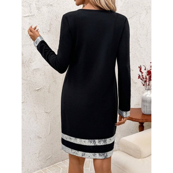 Kadın Uzun Kollu Bisiklet Yaka Mini Ithal Krep Elbise