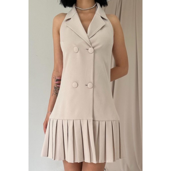 Bej Sırtı Açık Ceket Yakalı Elbise