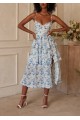 Kadın Sıfır Kol Askılı Dekolteli Yırtmaç Detay çiçek Baskılı Süprem Midi Elbise