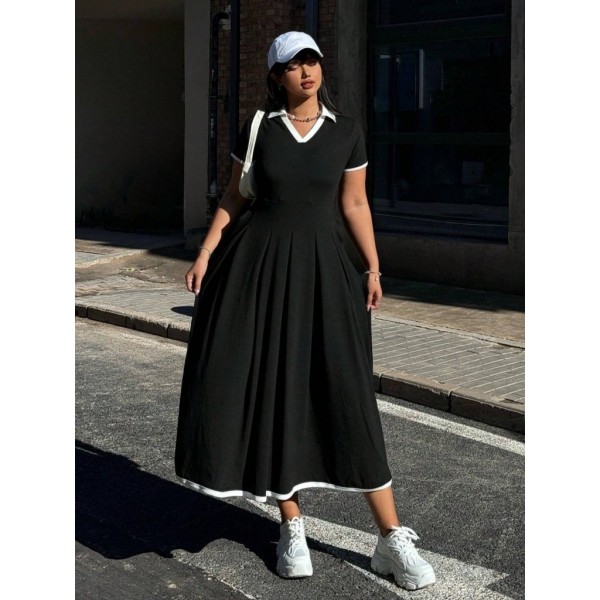 Kadın Kısa Kollu V Yakalı Pileli Uzun Janjan Krep Elbise