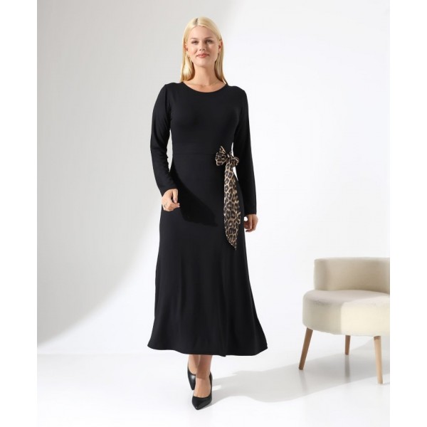 Kadın Bisiklet Yaka Leopar Fiyonk Detay Maxi Boy Elbise