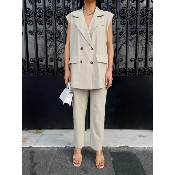 ÇİZGİLİ UZUN YELEK - PANTOLON TAKIM POLVİSCON - Bej