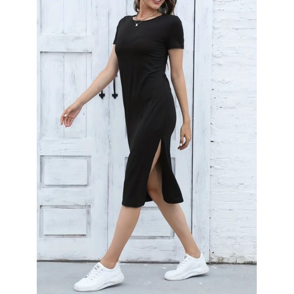 Kadın Kısa Kollu Yanı Yırtmaçlı Bisiklet Yaka Dizde Viskon Elbise