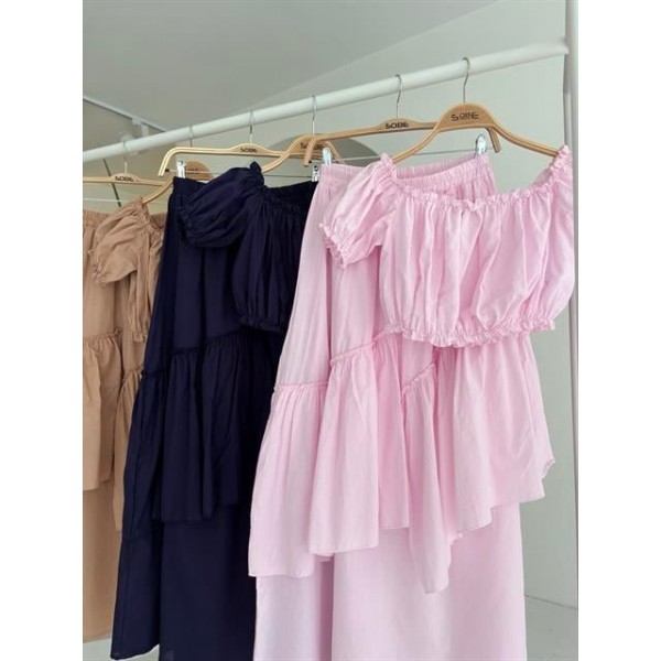 Büzgülü Crop Kat Detaylı Fırfır Etekli Takım 10196