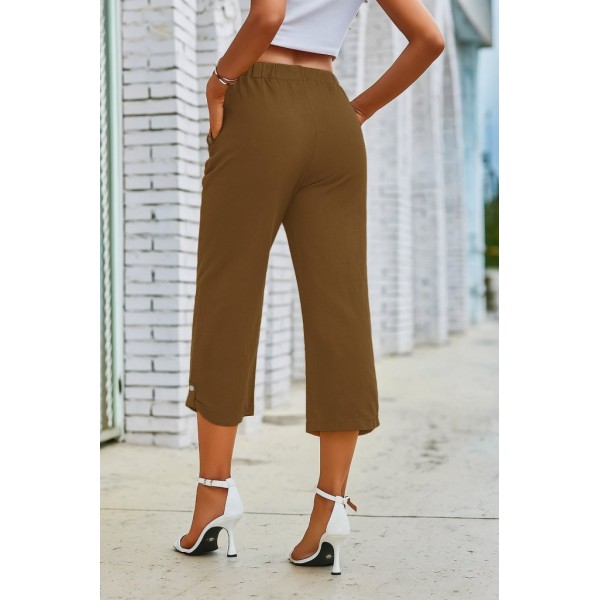 Kadın Beli Lastikli Düğme Ve Cep Detaylı Kapri Ithal Keten Pantolon