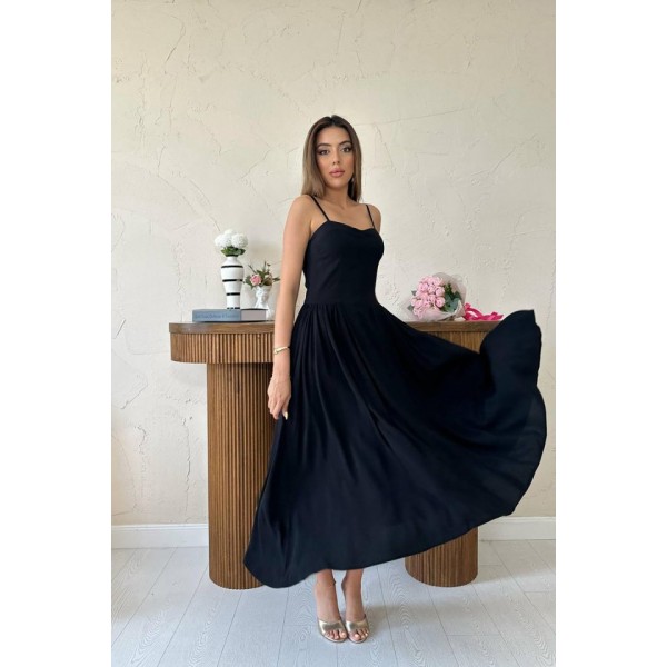 Siyah Göğüs Kuplu Uzun Büzgülü Elbise