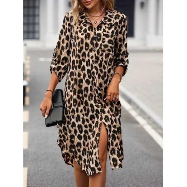 Kadın Uzun Kollu Yakalı önden Düğmeli Leopar Desenli Modal Midi Elbise