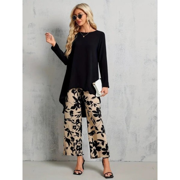 Kadın Uzun Kollu Bisiklet Yaka Asimetrik Kesim Detaylı Viskon Bluz Ve çiçek Desenli Iki Iplik Pantolon