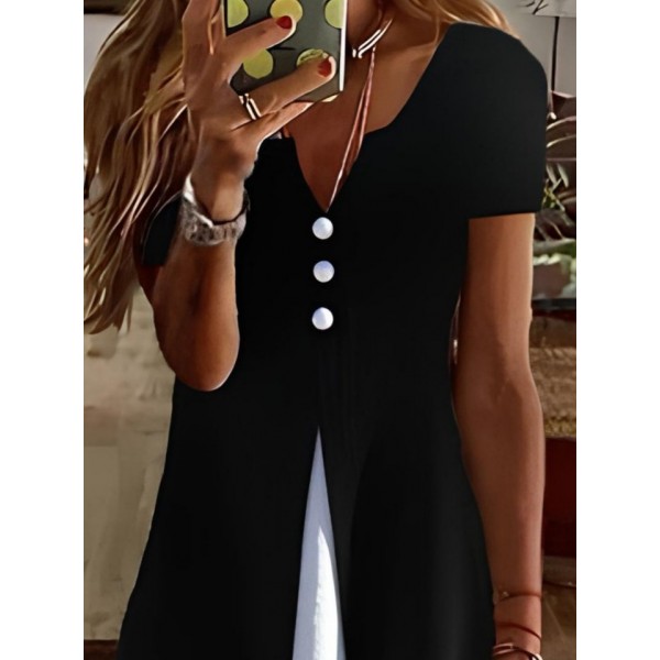 Kadın Kısa Kollu V Yakalı önden Düğmeli çift Renkli Viskon Elbise