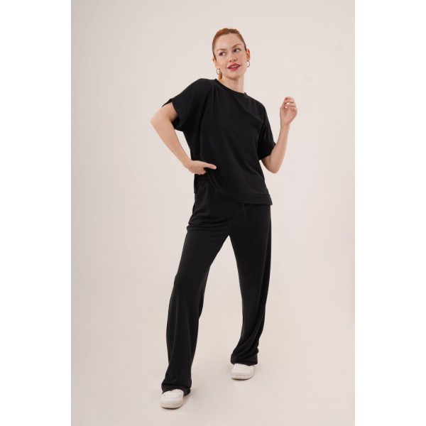 Modal Kısa Kollu Üst Ve Geniş Paça Eşofman İkili Siyah Takım