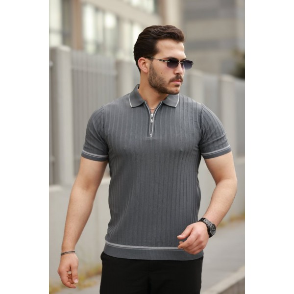 Erkek Fermuarlı Yakalı Kısa Kollu T-shirt