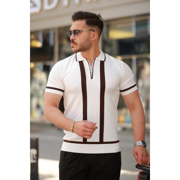 Erkek Fermuar Yakalı şerit Detaylı Kısa Kollu Tişört